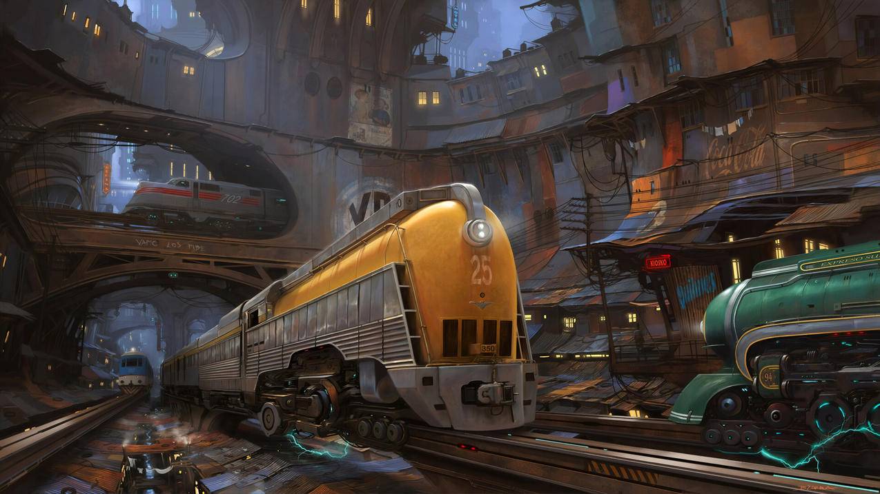 火车,列车,城市,插画,4K动漫壁纸