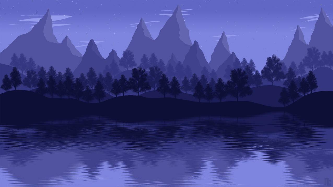 夜晚山水树林河流简约,4k风景高清壁纸