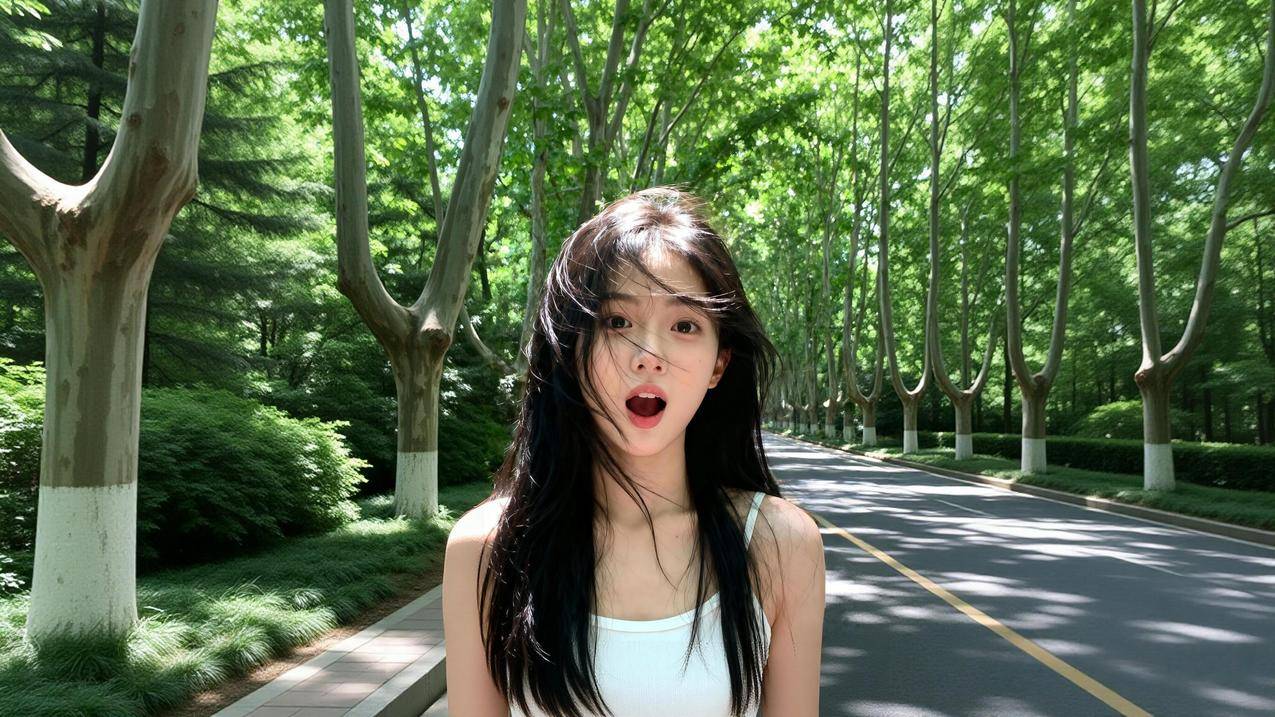 绿荫道路 清纯美女 惊讶表情 4K壁纸
