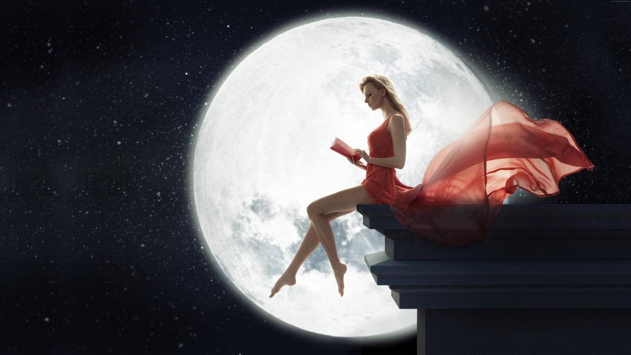 晚上,女孩,红色连衣裙,月亮,星星,阅读,书籍,4K高清美女壁纸