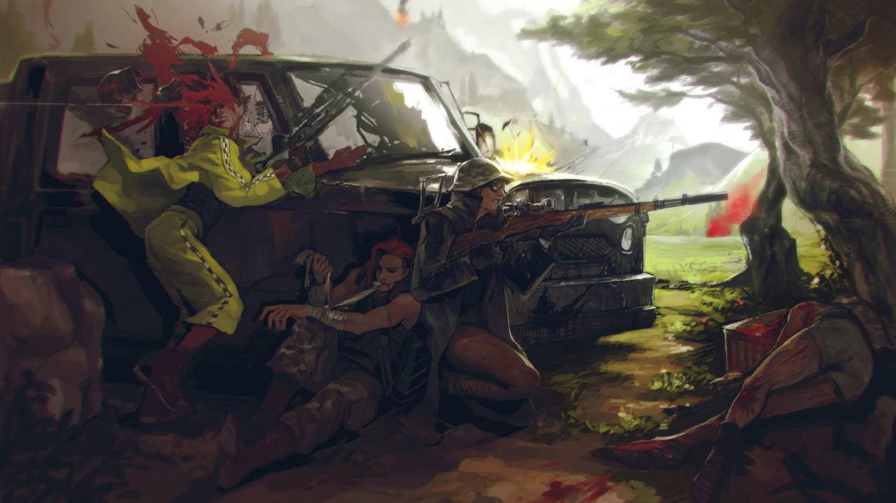 《绝地求生pubg》车,血,枪,树,山,4K高清游戏图片