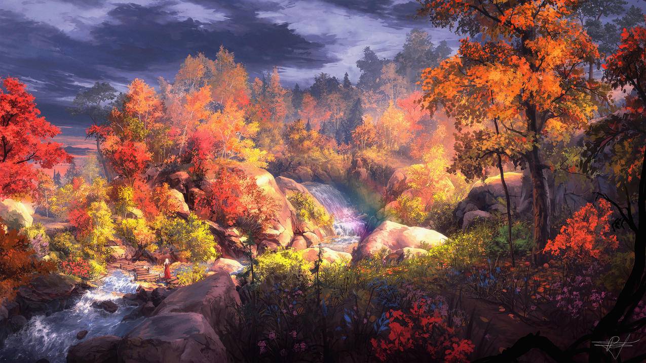 梦幻秋画,树,自然风景,小溪瀑布河流,4k高清壁纸
