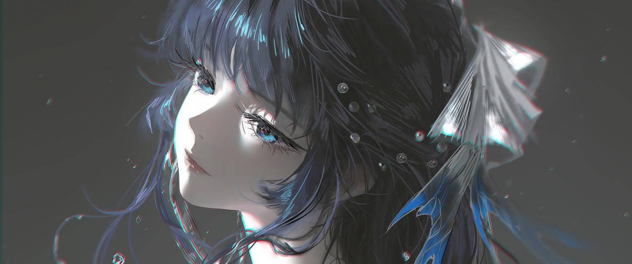 厚涂女孩长发 蓝眼睛 头饰 3440x1440带鱼屏壁纸