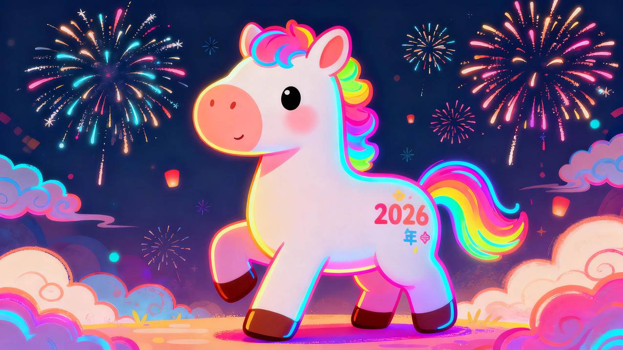 2026马年 可爱彩色小马 烟花 4k壁纸