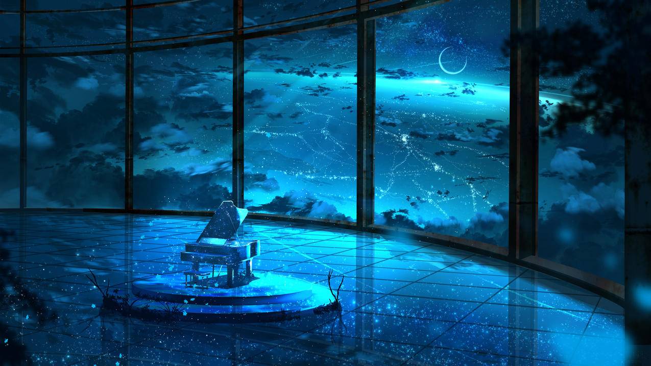 月影,风景,星空,钢琴,透过玻璃,空间,唯美,4K高清动漫壁纸
