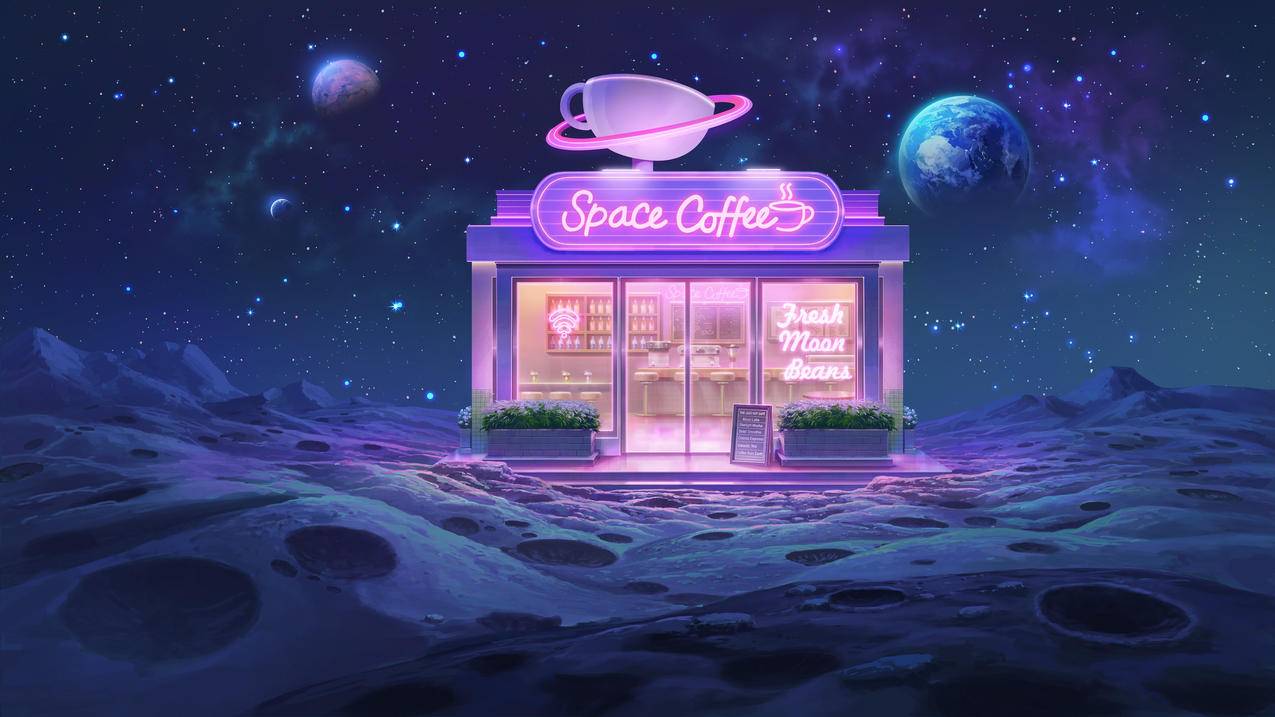 太空 月球 星星 小商店 咖啡吧 霓虹灯 4K壁纸 3840x2160
