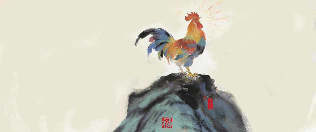 雄鸡报晓 水墨画 忘忧草3440x1440带鱼屏壁纸