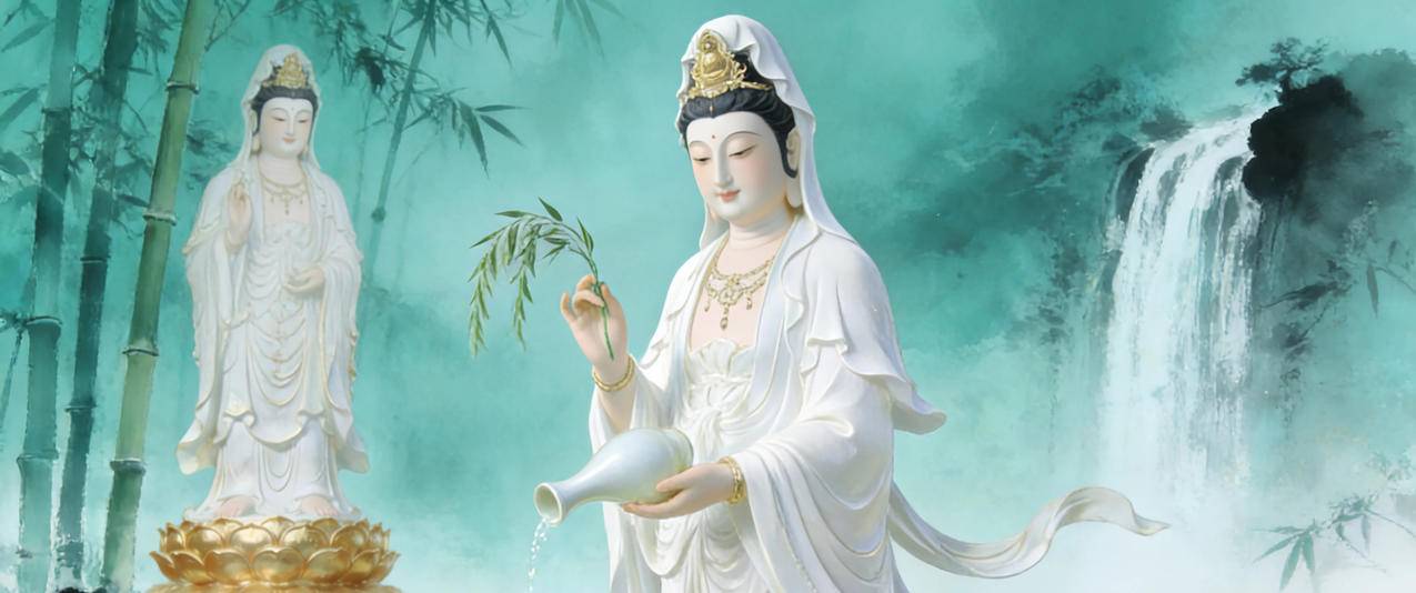 观音菩萨 玉净瓶 竹林 瀑布 3440x1440带鱼屏壁纸