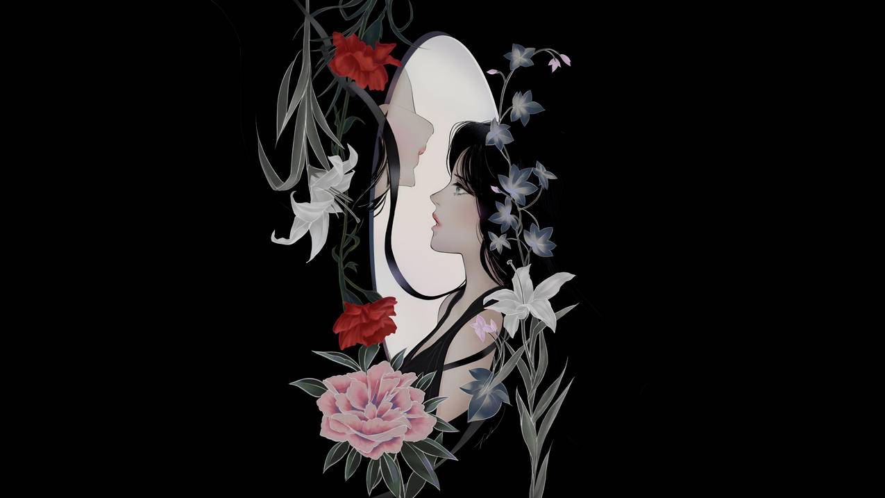 两位女性 长发 鲜花 插图 黑色背景 4K壁纸