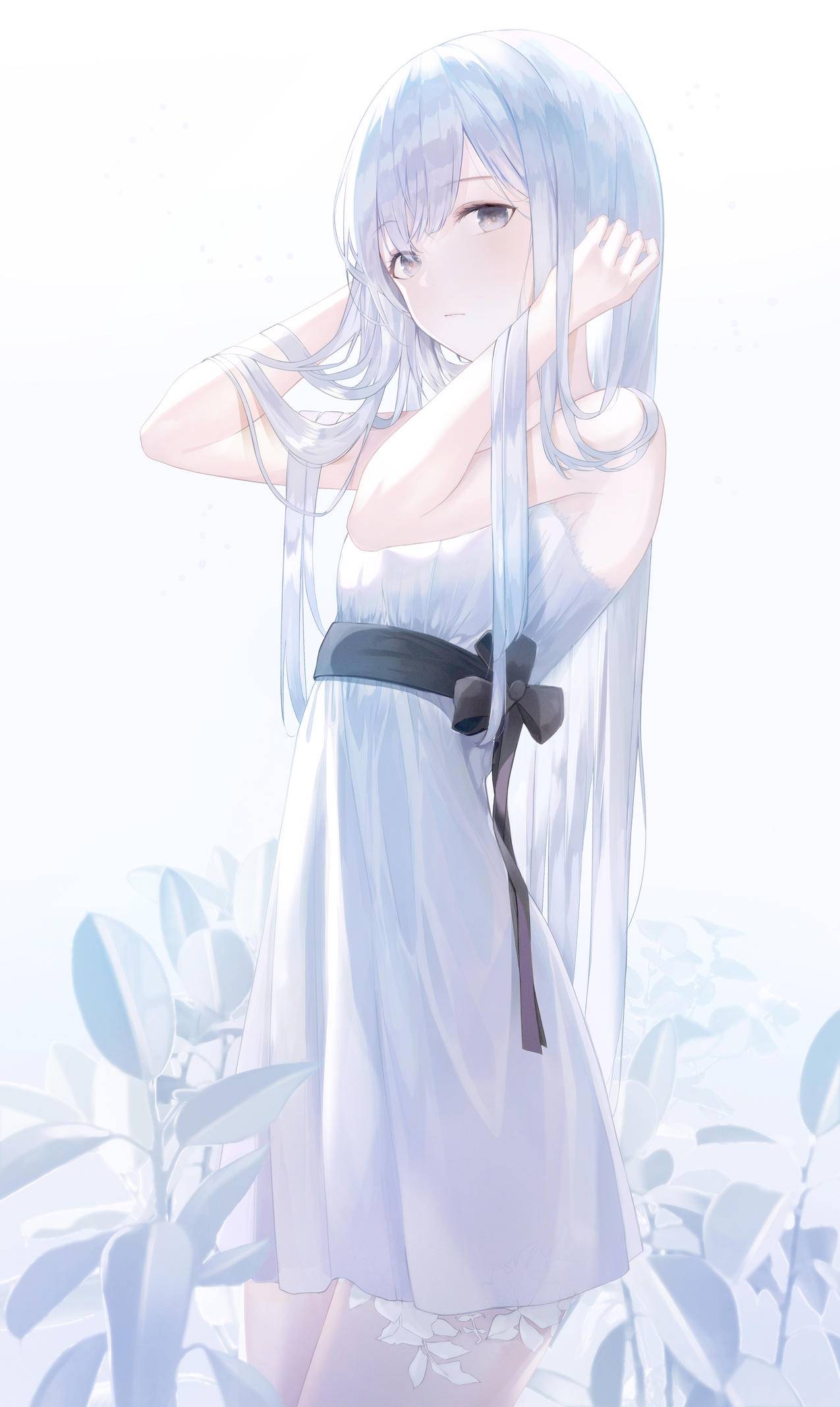 女孩子少女白色连衣裙,银发,花,4k手机壁纸