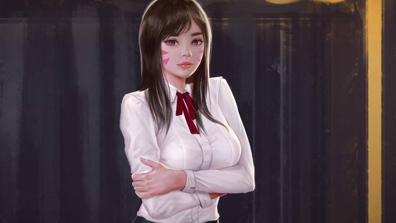 守望先锋游戏人物,DVa,白色衬衫,4k高清壁纸3840x2160