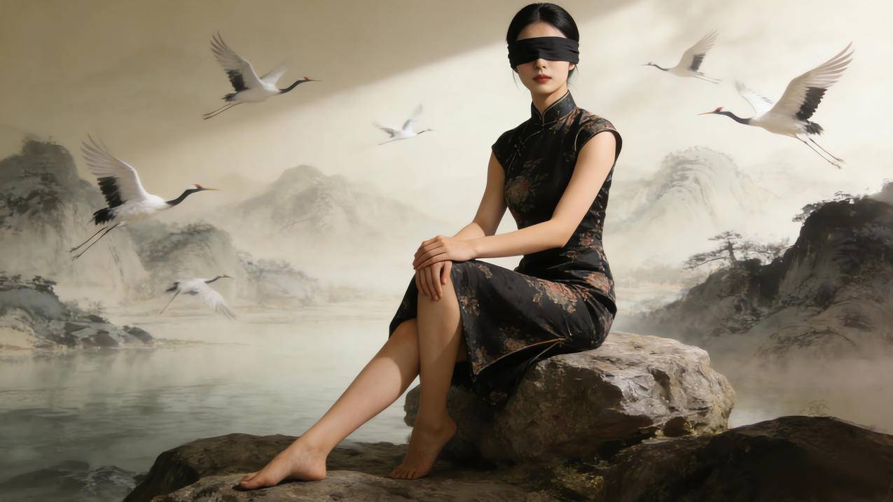 国风 旗袍美女 蒙眼 仙鹤 4k壁纸