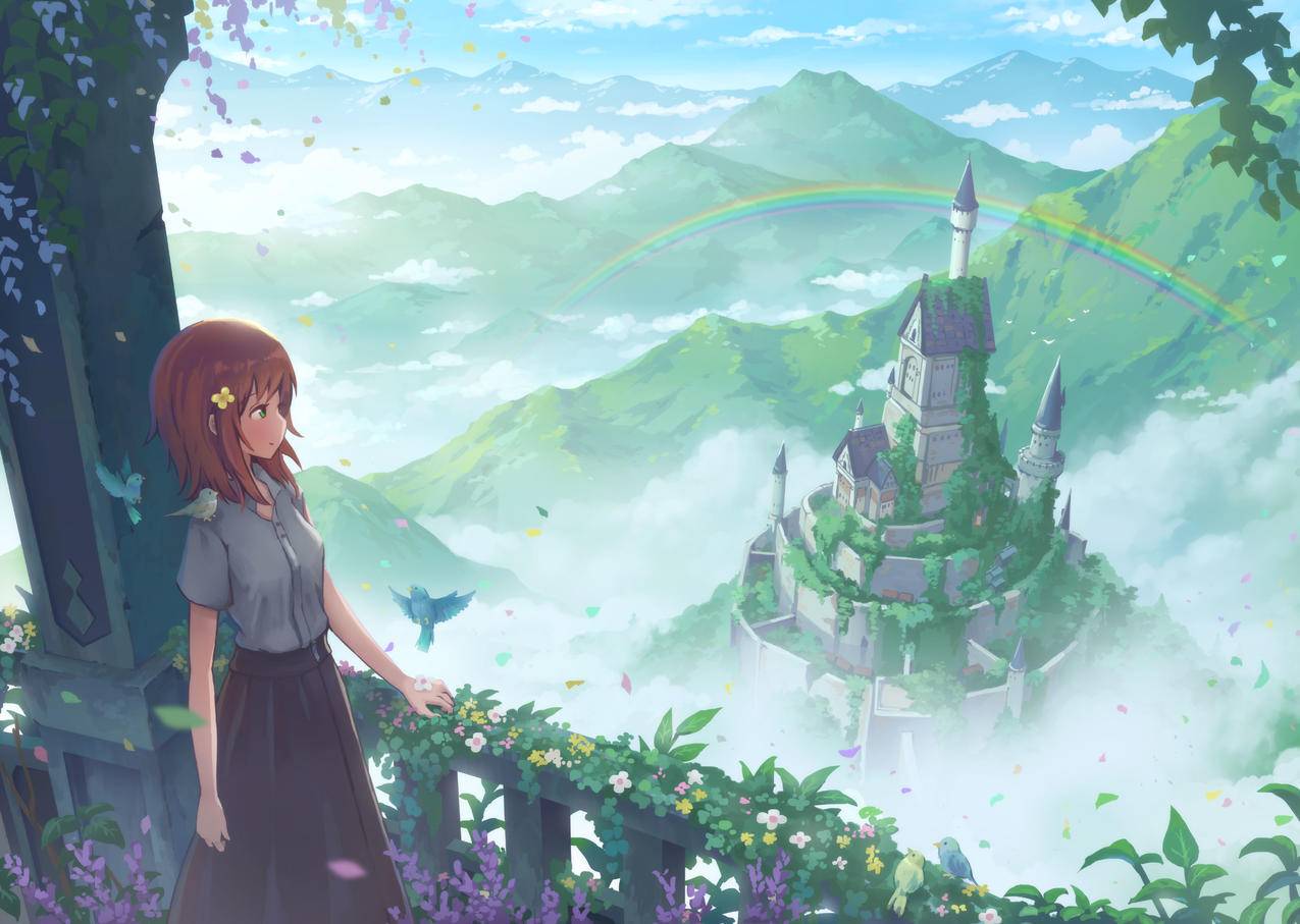 被遗忘的风景,城堡,彩虹,女生,5k动漫风景壁纸