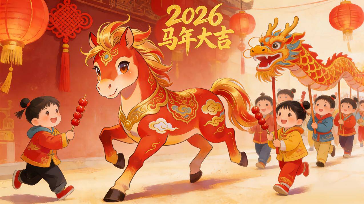 2026马年大吉 灯笼 小孩子们 舞龙 新年节日喜庆 4k壁纸