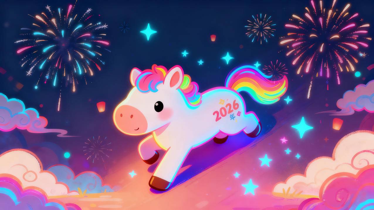 2026快乐小马 彩虹尾巴 奔跑 新年烟花 4k壁纸