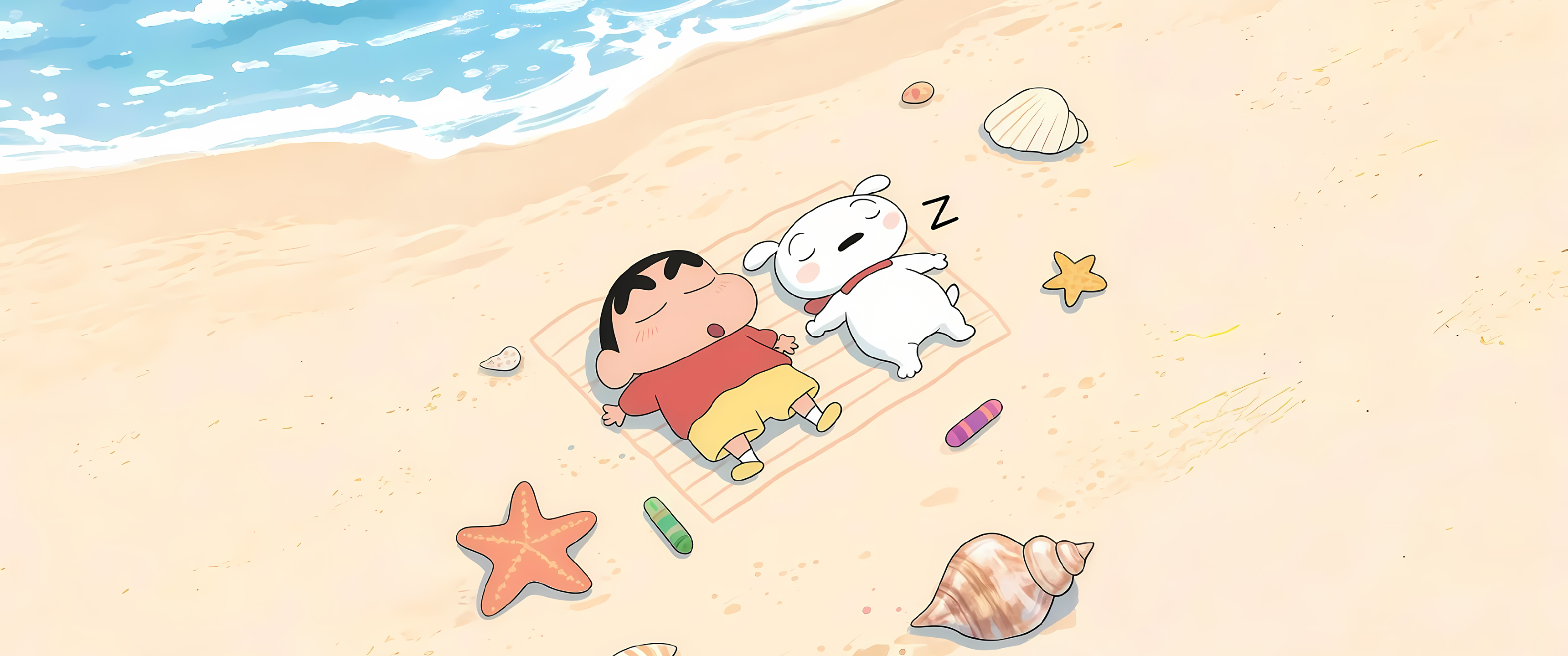 海边,海滩,蜡笔小新,小狗,贝壳,3440x1440,带鱼屏动漫壁纸