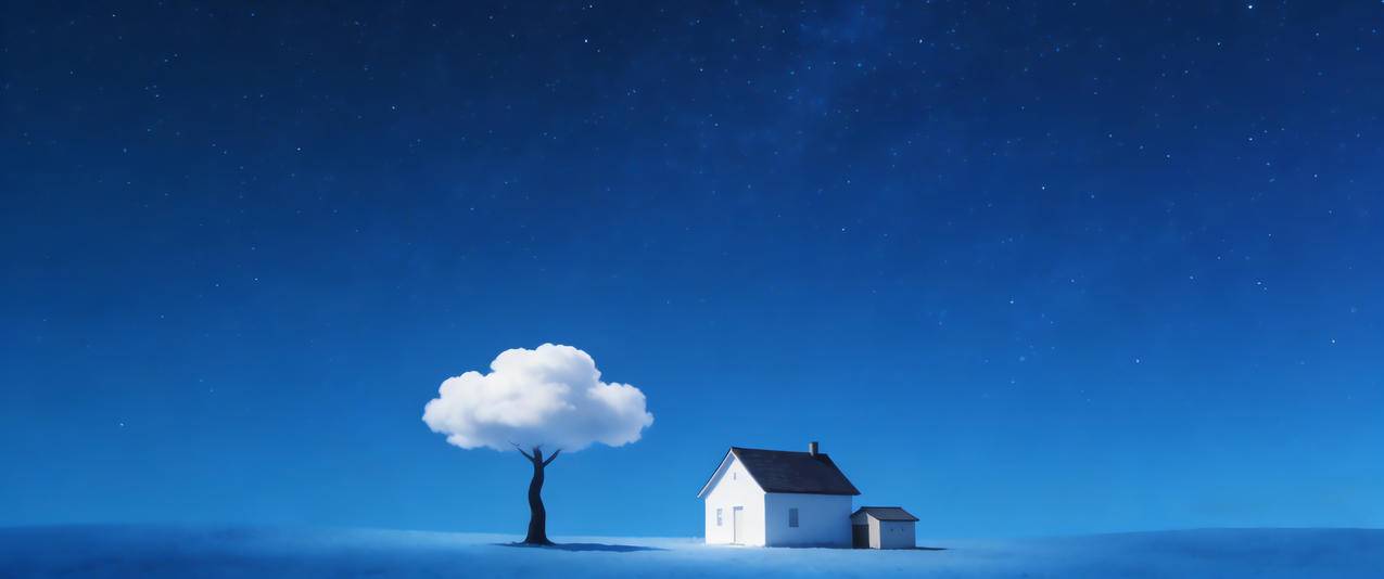 星空 小屋 小树 简单风景3440x1440带鱼屏壁纸