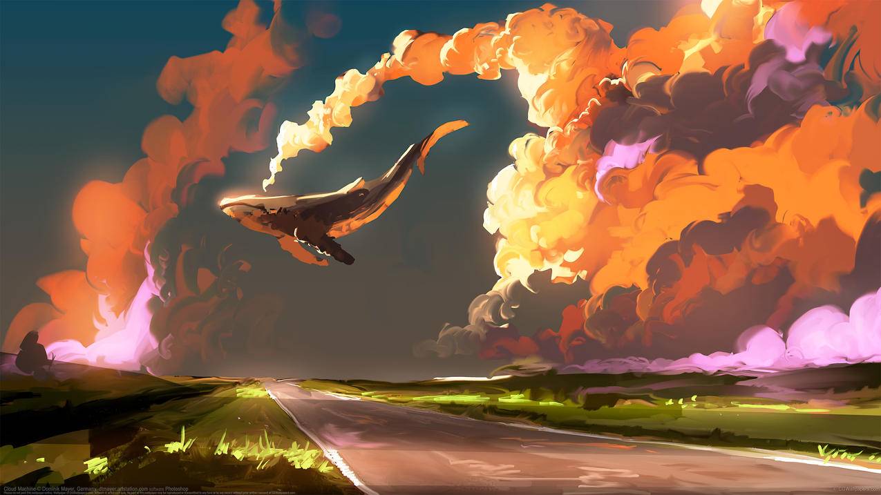 云机器,云中的鱼,唯美,创意灵感插画,4k高清风景壁纸
