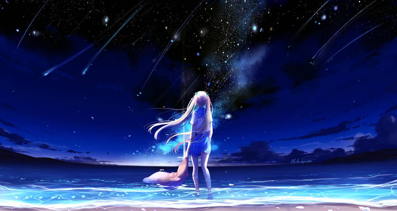 蓝色天空,流星,女孩,晚上,唯美,4k动漫风景壁纸