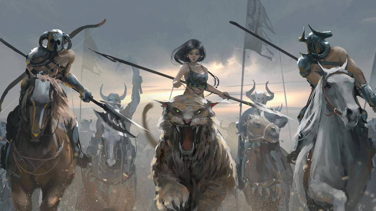 战士,马,虎兽,长矛,刀斧,女孩,4K高清唯美动漫壁纸
