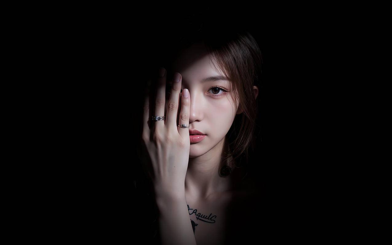 光影美女 半遮面 手遮脸 暗调 暗黑黑色背景 神秘氛围 4K壁纸 3840x2400