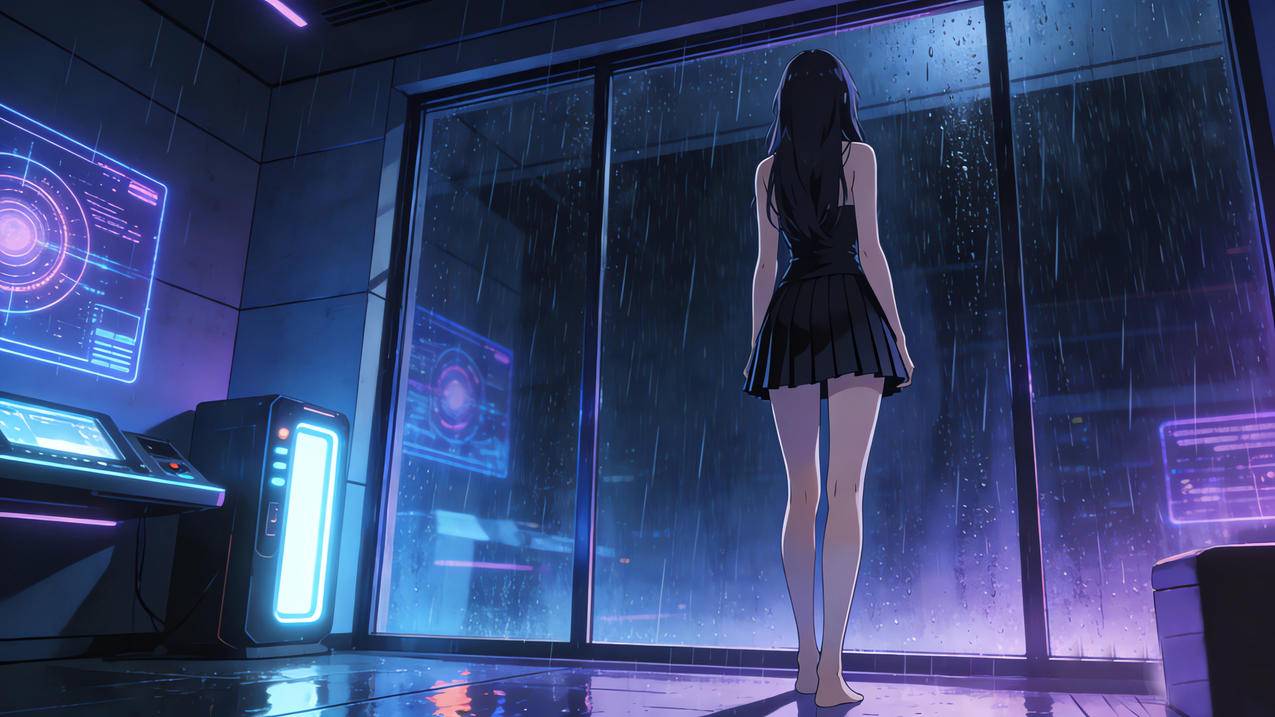 赛博朋克 雨天 房间 长发美女背影 黑色裙子 望向窗外 4K动漫壁纸