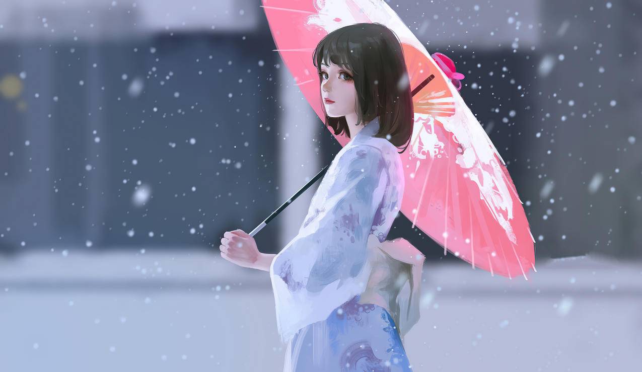 和伞,油纸伞,女孩,日本和服,雪,美少女4K动漫壁纸