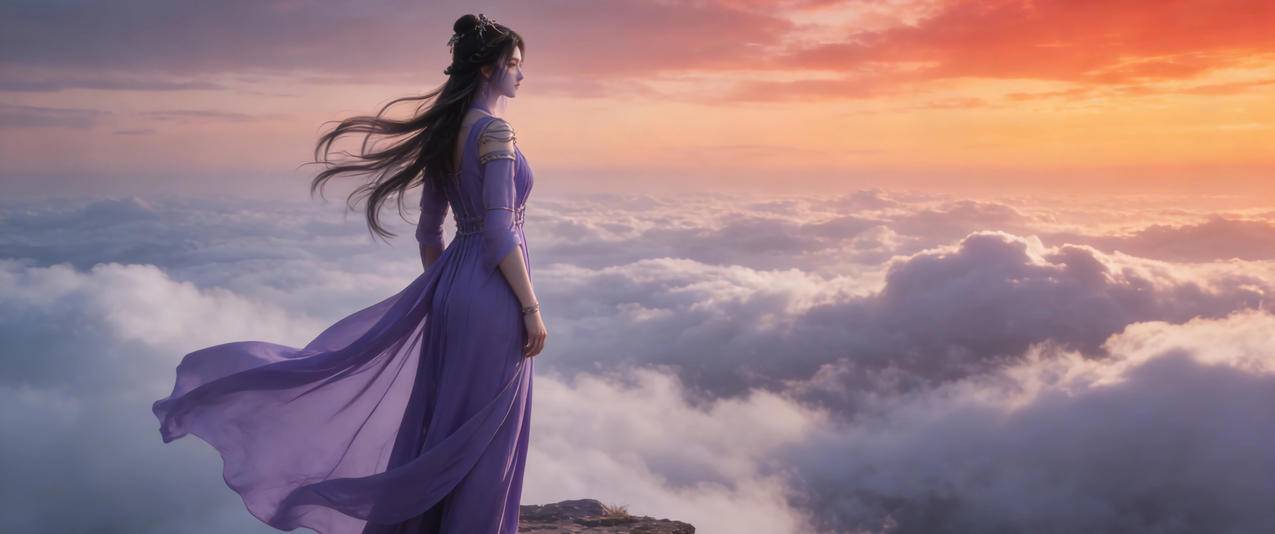 山顶 云海 仙气美女 紫色裙子紫灵3440x1440带鱼屏壁纸
