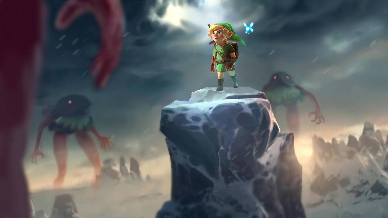《The-Legend-of-Zelda塞尔达传说》石柱上,雪冰山,怪物,绿衣精灵,4K高清壁纸