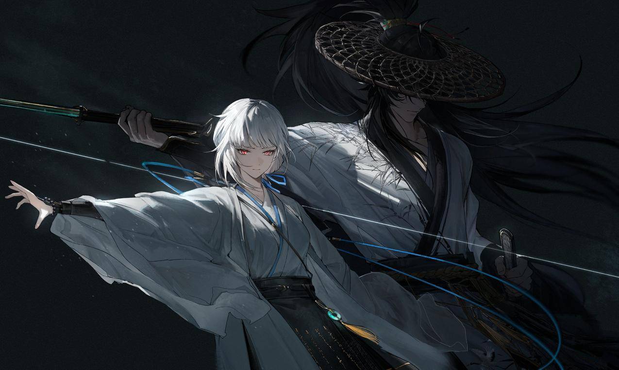 武侠风 情侣 白衣女侠 斗笠男子剑客 4K壁纸