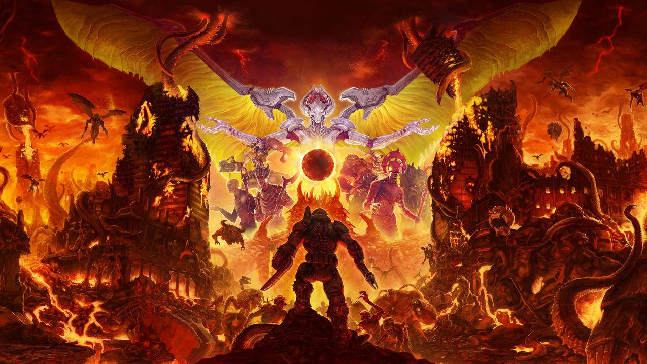 《毁灭战士:永恒Doom,Eternal》红日,魔兽,翅膀,橙,4K高清壁纸