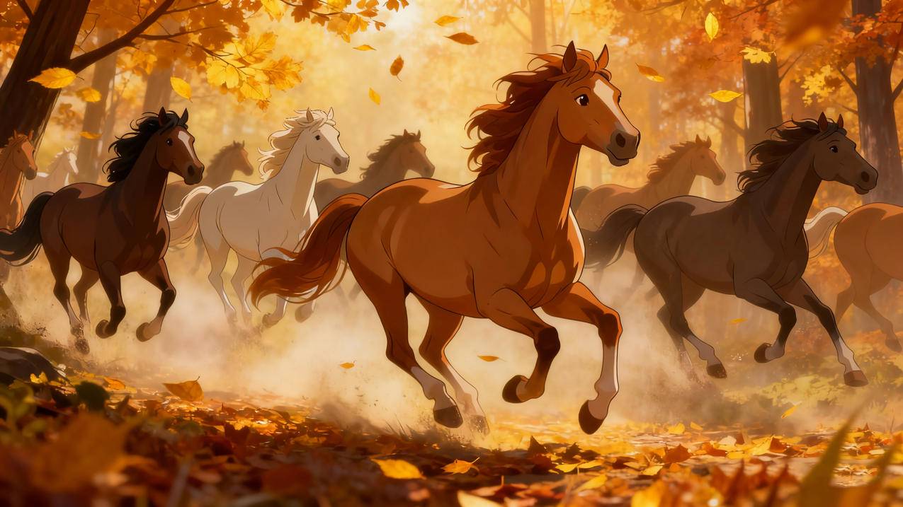 秋天 树林里奔跑的骏马4k壁纸