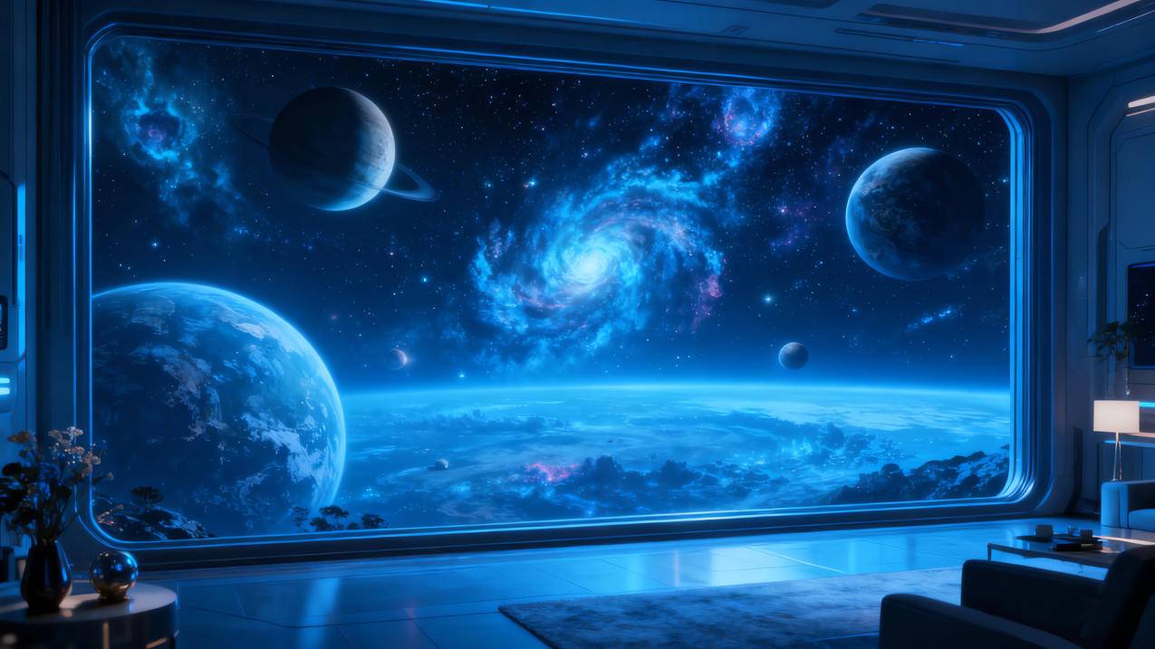 科幻 太空舱 客厅 星空 星球 落地窗 赛博朋克4k电脑壁纸