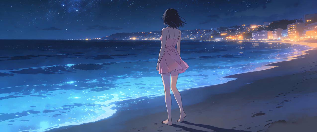 海边 星空 少女背影 粉色裙子3440x1440带鱼屏壁纸动漫