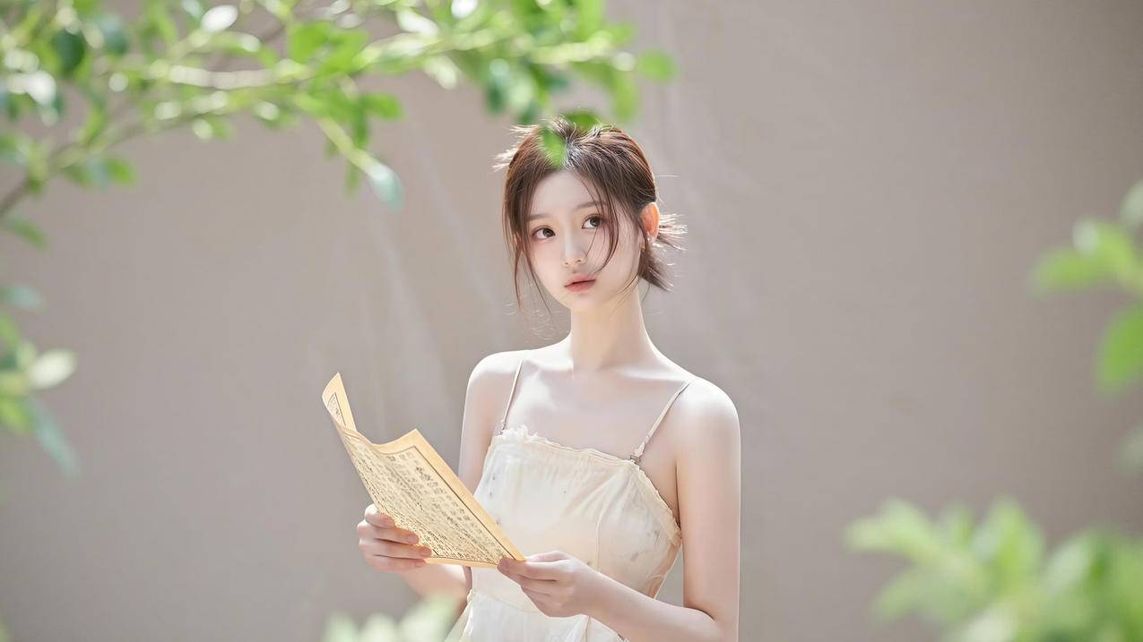 绿植背景图片 气质清纯美女 连衣裙 4K桌面壁纸