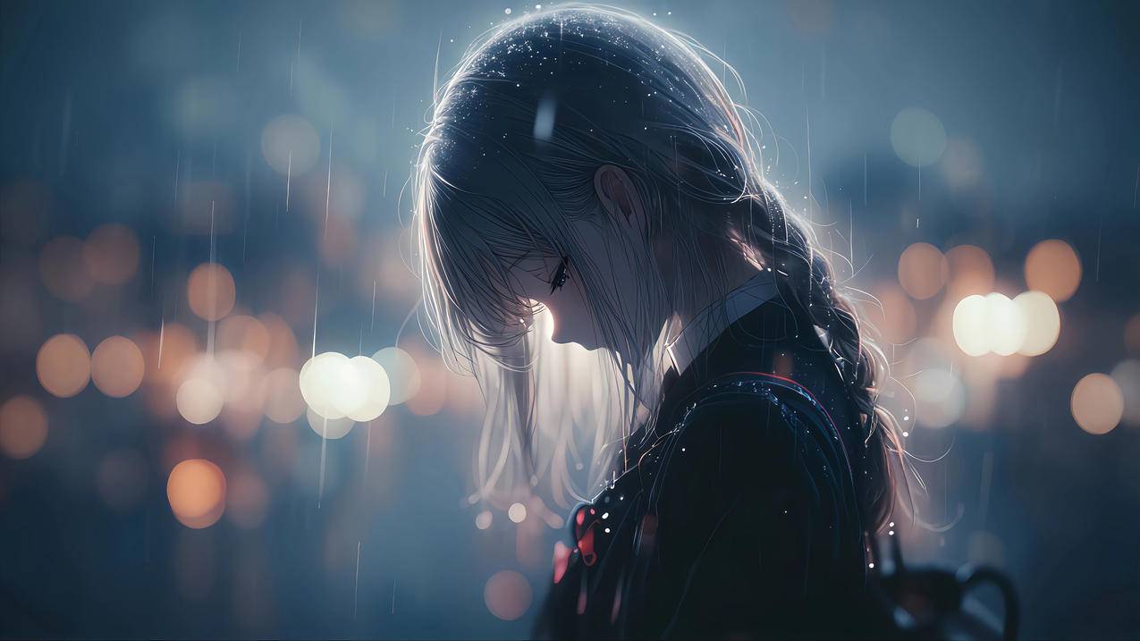 双马尾少女 夜景 灯光 雨中 悲伤 4K壁纸