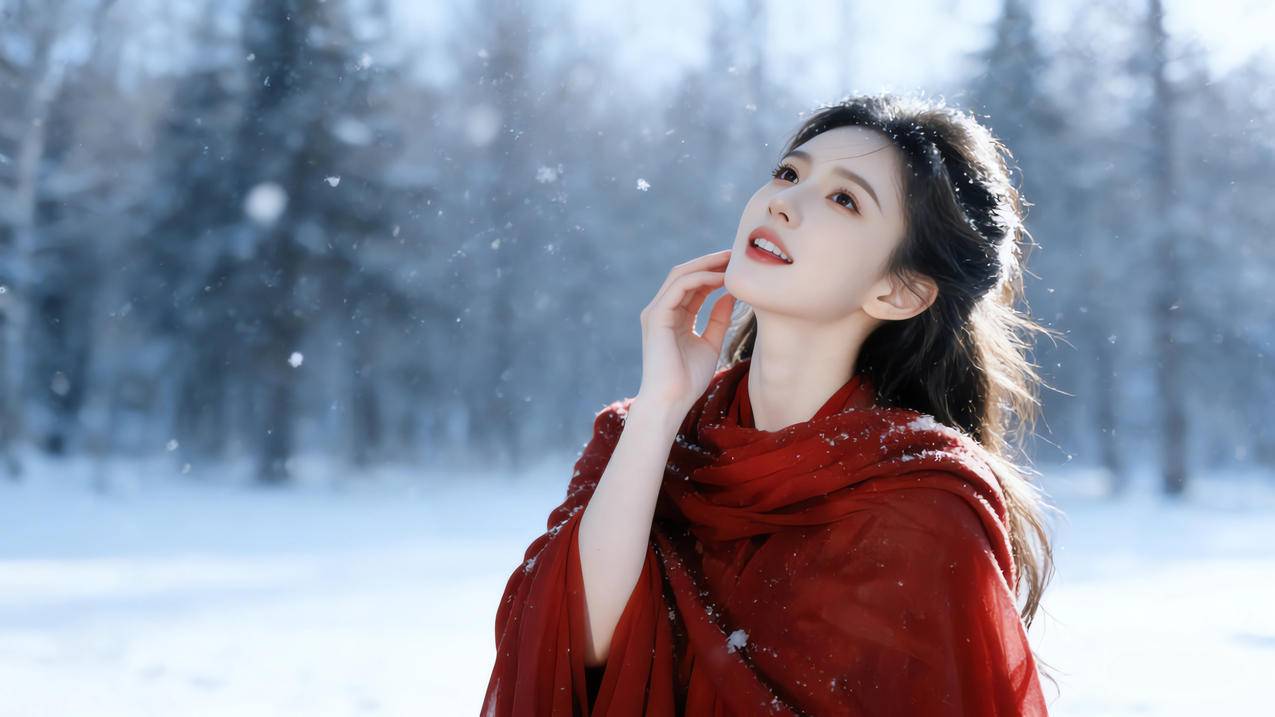 冬季雪景红色衣服美女唯美4k壁纸