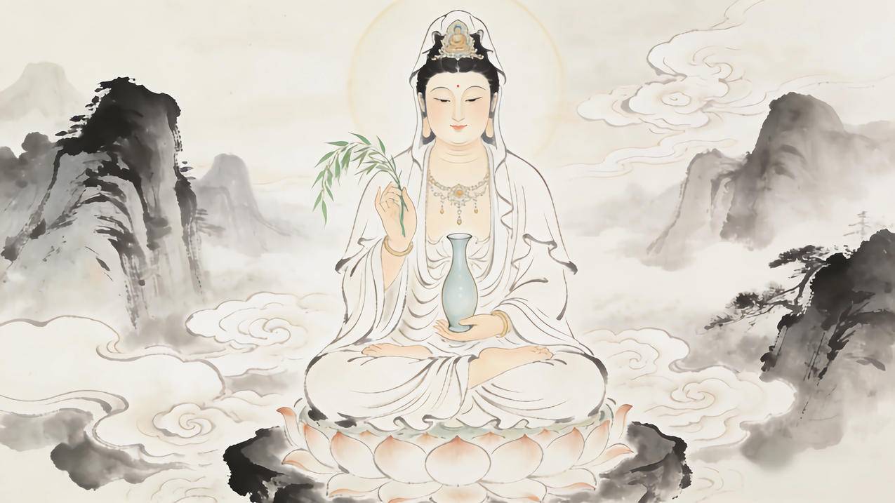 观音 玉净瓶 水墨风 4k壁纸