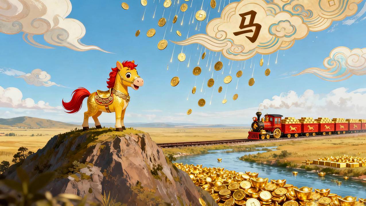 2026金色小马 火车 金条 元宝 金币雨 4k壁纸