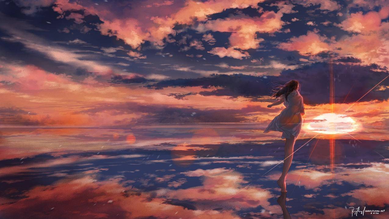 夕阳,女孩,天空,湖水,倒影,4K高清动漫壁纸