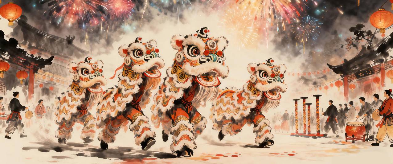 2026新年 舞狮 烟花 灯笼 3440x1440带鱼屏壁纸