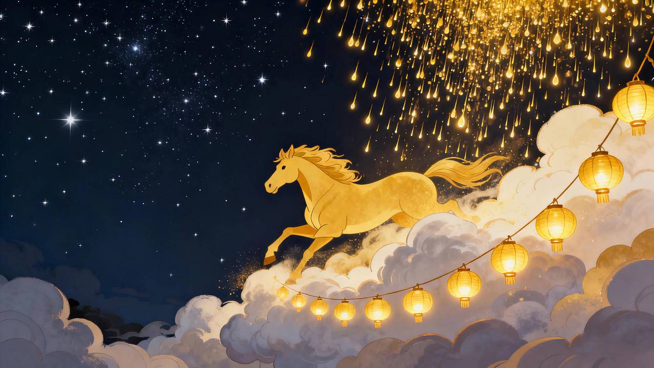 2026 星空 云 马在天空行走 灯笼 4k壁纸