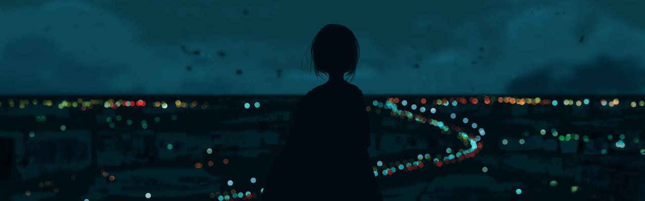 短发女孩 背影 眺望远方 夜晚天空 城市灯光 5120x1600动漫超宽屏壁纸