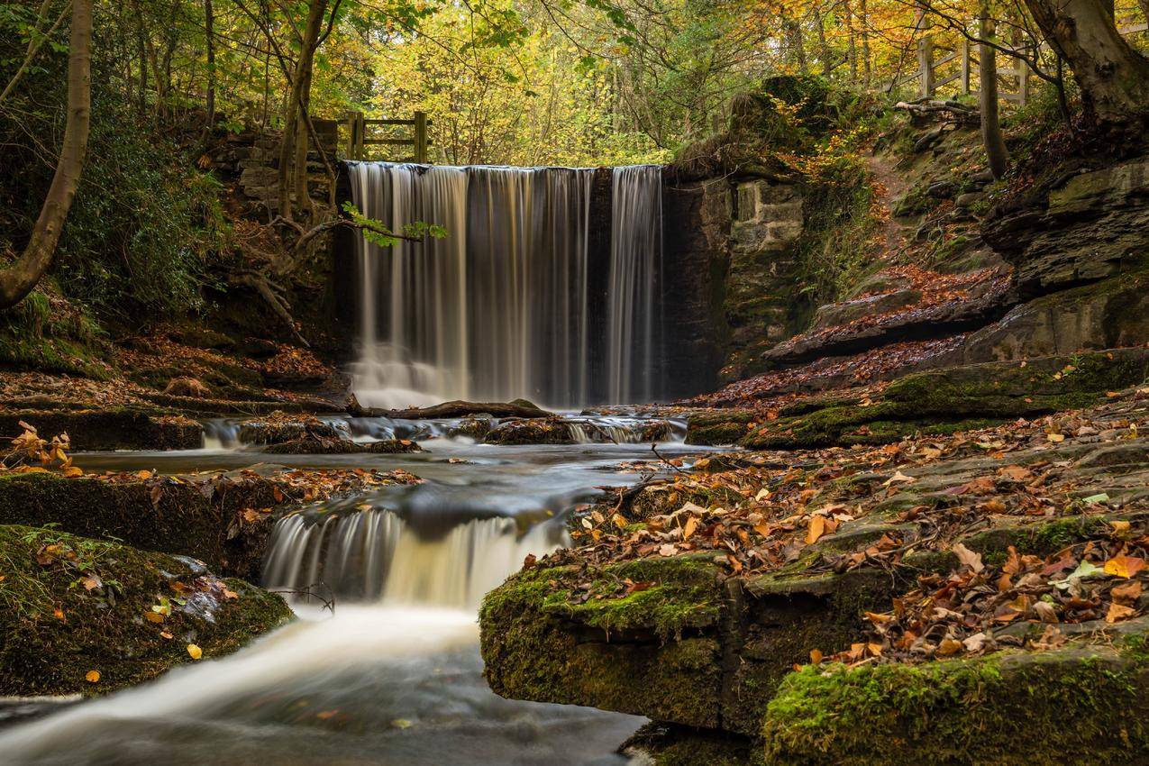 英格兰,威尔士,秋天,森林叶子,瀑布风景,5K高清壁纸