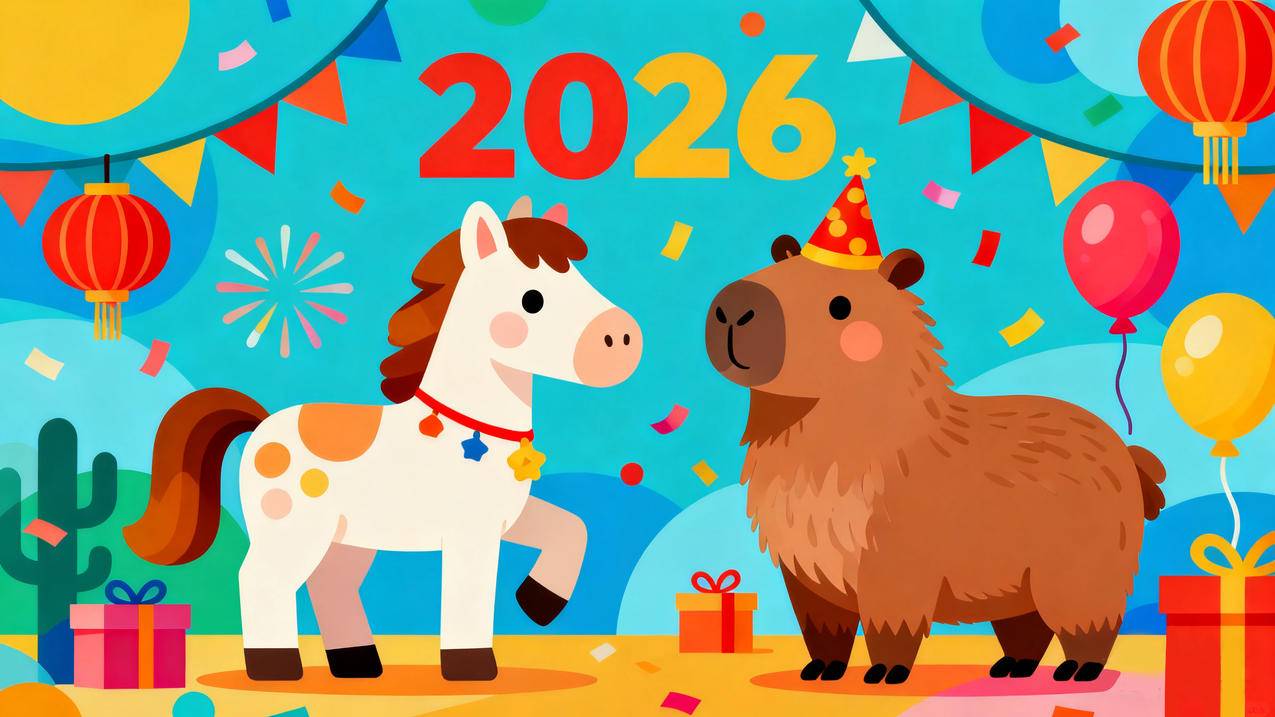 2026马年 小马和卡皮巴拉 新年可爱卡通4k壁纸