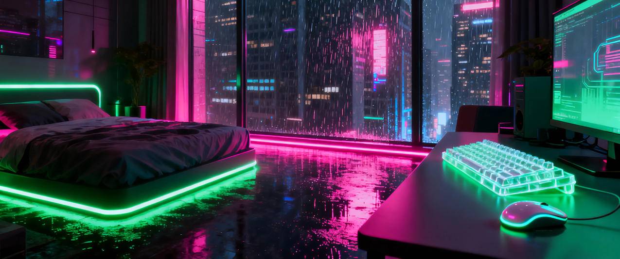 赛博朋克 房间 电脑桌 电脑 机械键盘3440x1440带鱼屏壁纸