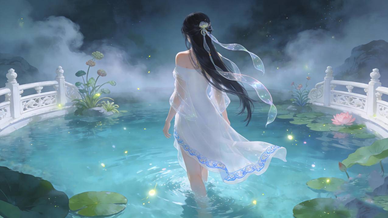 瑶池 白衣仙子 背影 荷花 4k壁纸