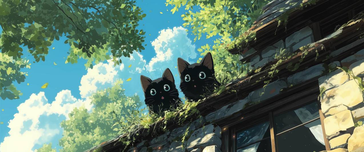 绿色树荫 屋顶 两只小猫 3440x1440带鱼屏壁纸