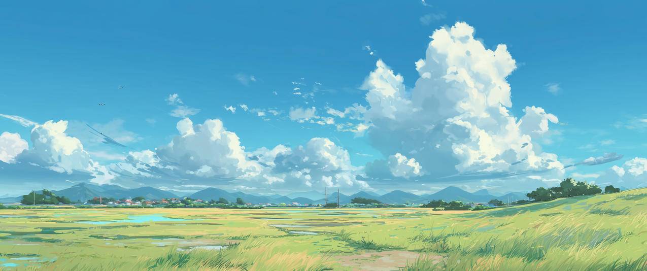 蓝天白云 清新草地3440x1440带鱼屏风景壁纸