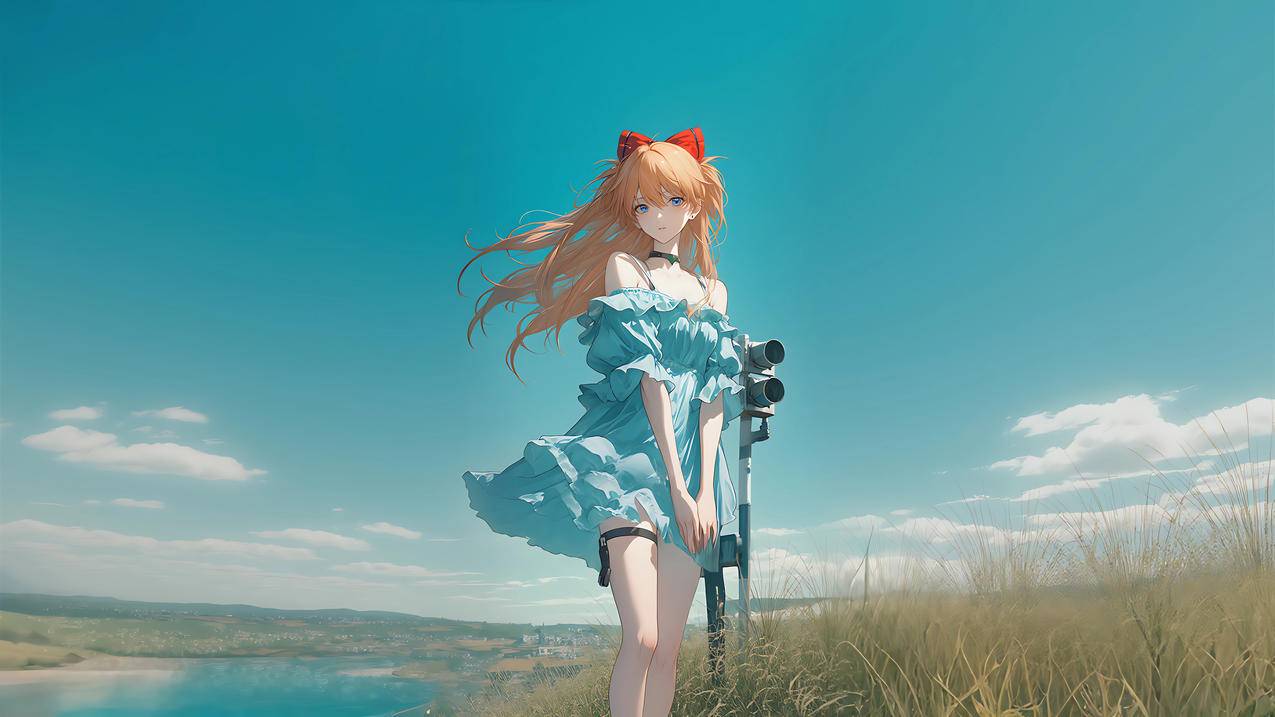 长发 蓝色裙子女孩 蝴蝶结头饰 蓝天 4k动漫壁纸